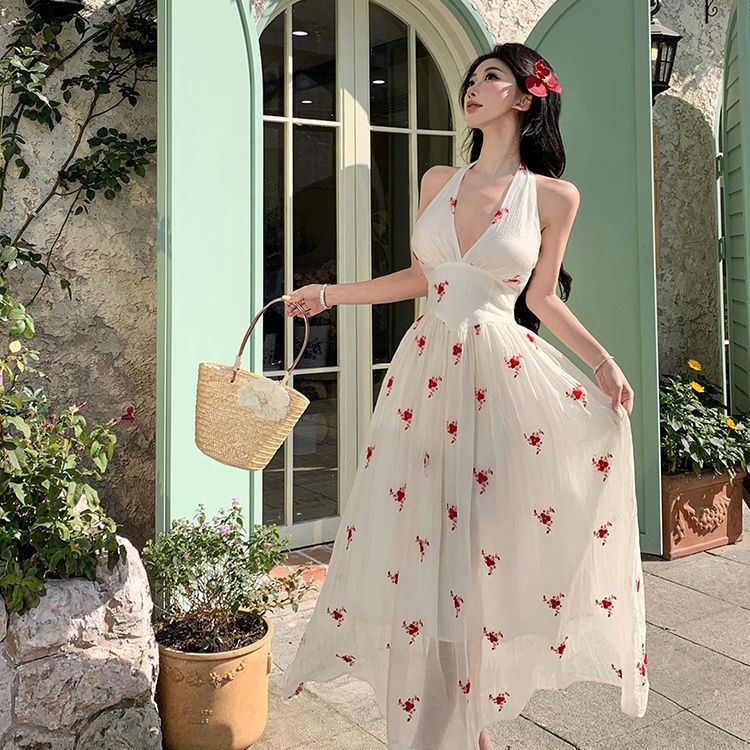 Printed Wide Hem Flowy Pure Desire Style Halter Dress