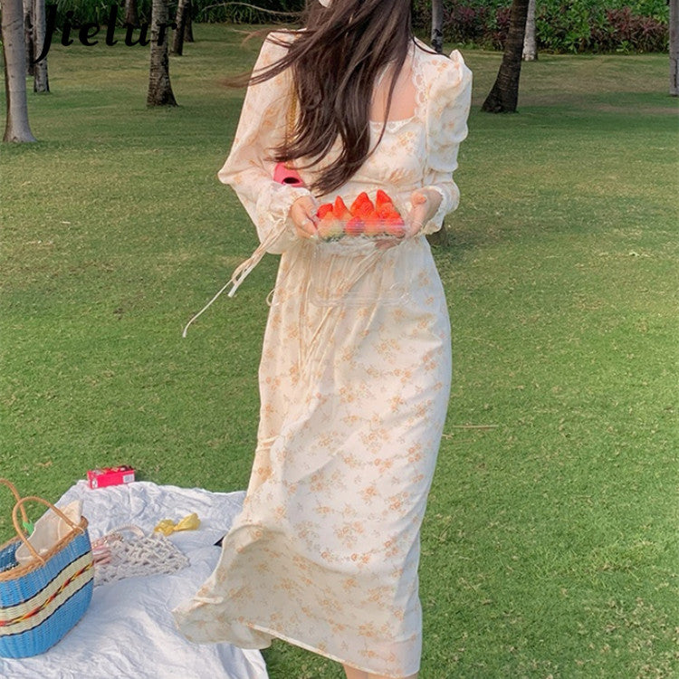 Apricot Crushed Lace Square Neck Long Sleeve Dress