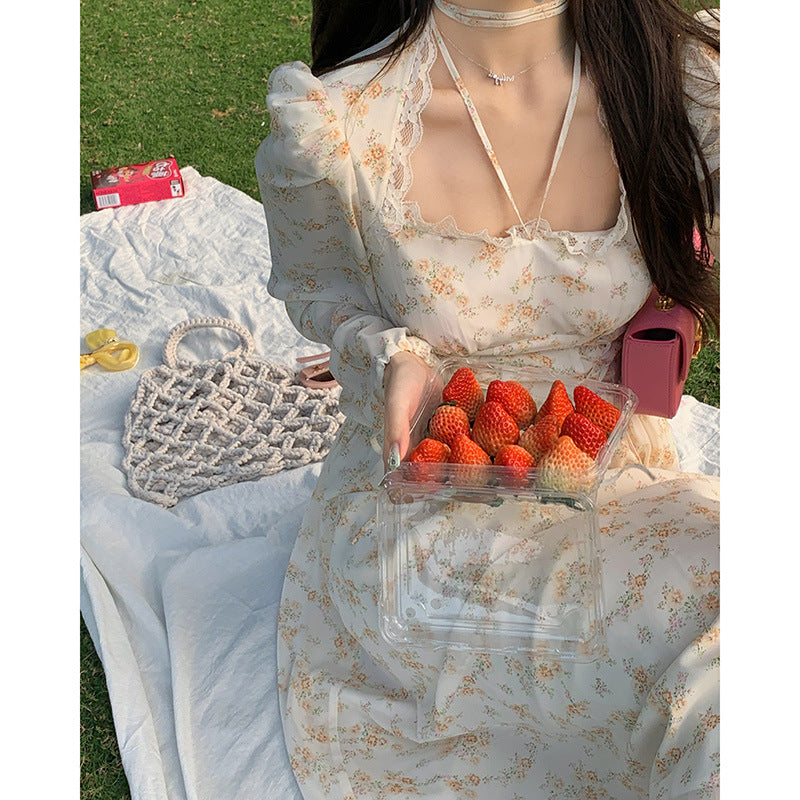 Apricot Crushed Lace Square Neck Long Sleeve Dress