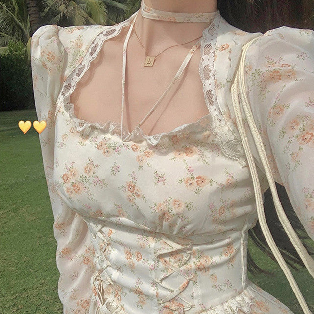 Apricot Crushed Lace Square Neck Long Sleeve Dress