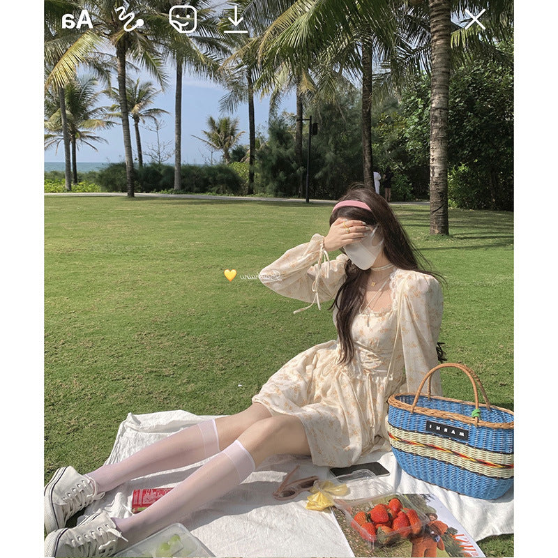 Apricot Crushed Lace Square Neck Long Sleeve Dress