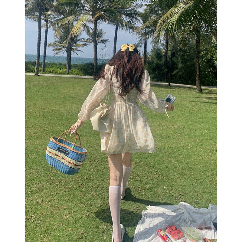 Apricot Crushed Lace Square Neck Long Sleeve Dress